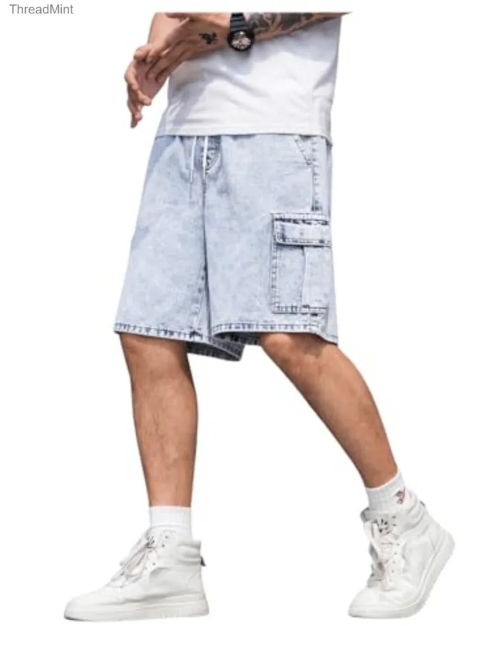 Men's Drawstring Cargo Jean Shorts with Flap Pockets, Loose Fit, Casual